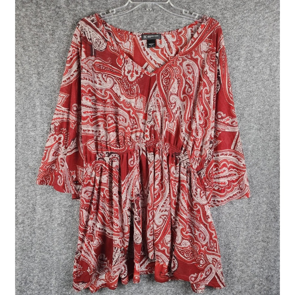 INC Tunic Women 3X Red Paisley Elastic Waist V-Neck 3/4 Sleeve Boho EUC